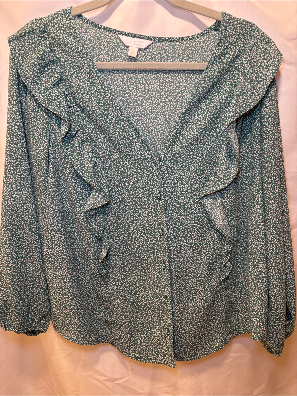 LC Lauren Conrad Teal Green Tiny Floral Ruffle Blouse